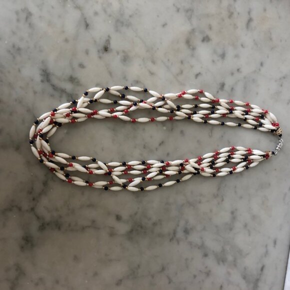 HONG KONG Red White Blue Lucite Bead 6 Strand Vintage Necklace - Picture 6 of 15